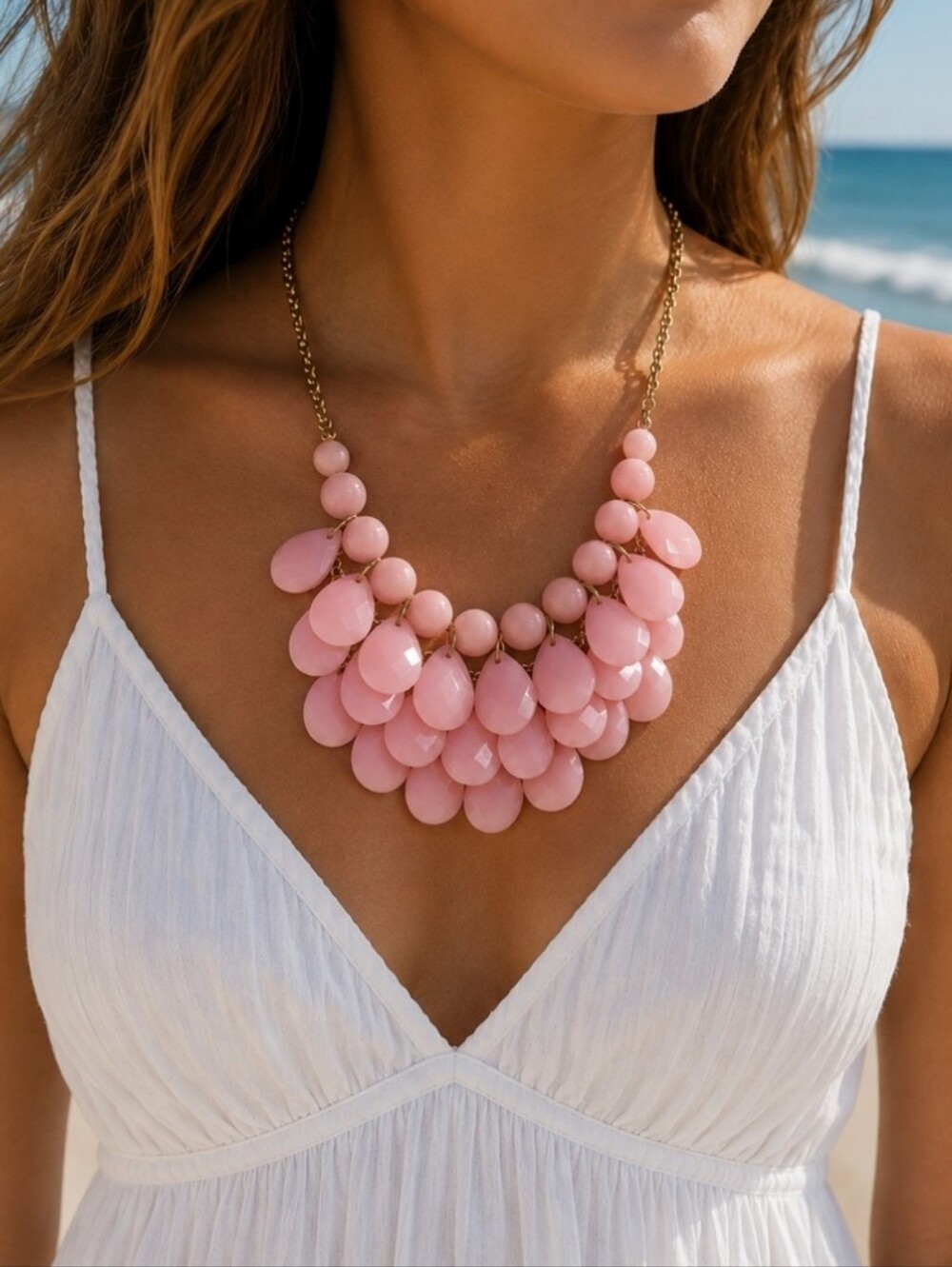Peach Shrimp Color Opaque Faceted Round Balls Teardrop Acrylic Beaded Necklace